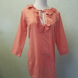 J.Crew pink 3/4 sleeve Cotton ruffled top women's size XS (V4)